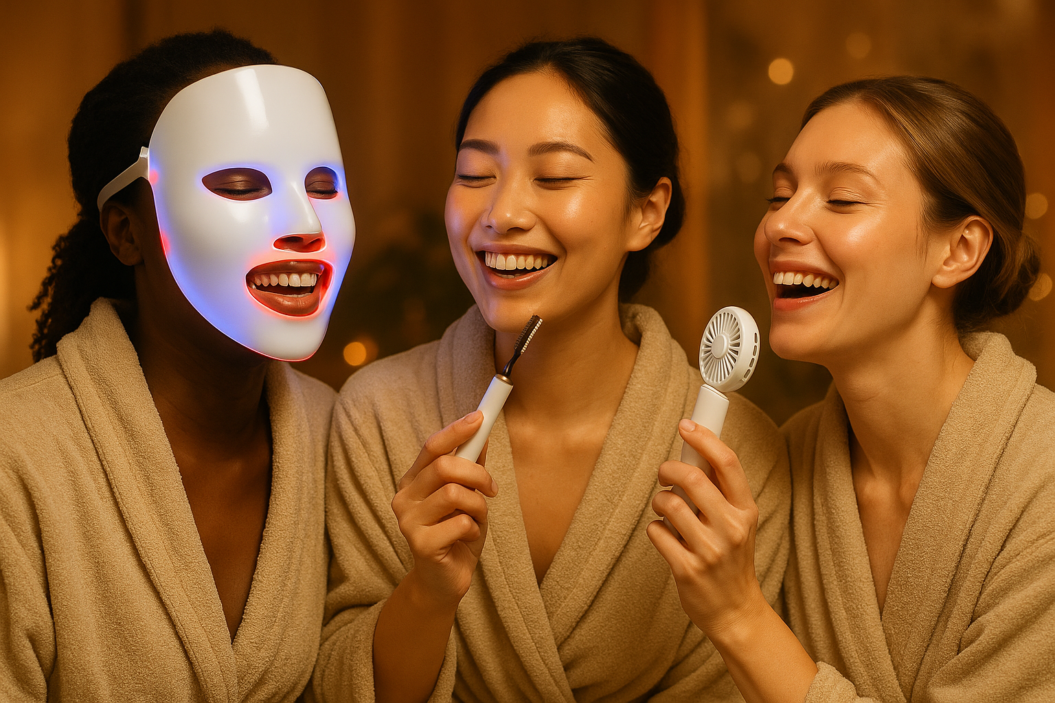Find a way incoparate three multiracial women especially Black, Asian and white as each of the are using each of these products an LED face mask, an electronic eyelash brusher, and a small beauty fan, all of them are shining and glowing and seem very happy around each other and the entire mood is warm