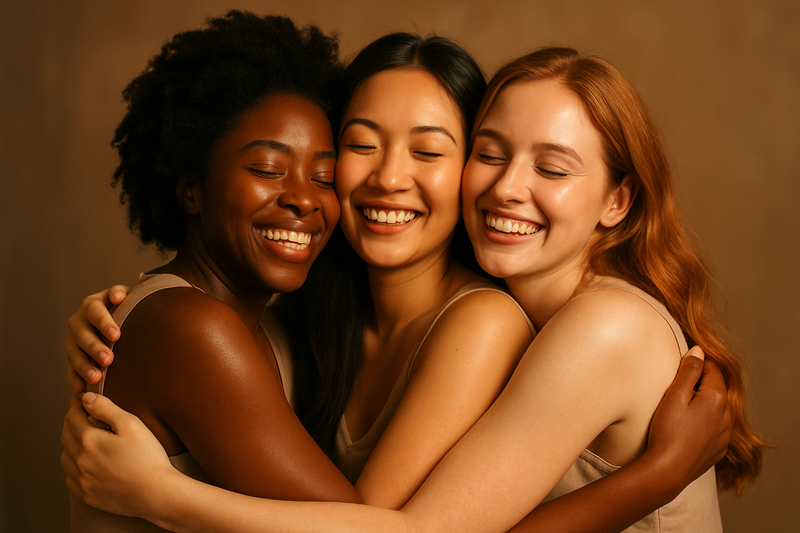 This time I want you to generate an image of three multiracial women who are black, Asian and white they are all giving themselves a group hug like squeezing each other but not that hard and they are smiling as they are doing it and their faces are glowing and shining too